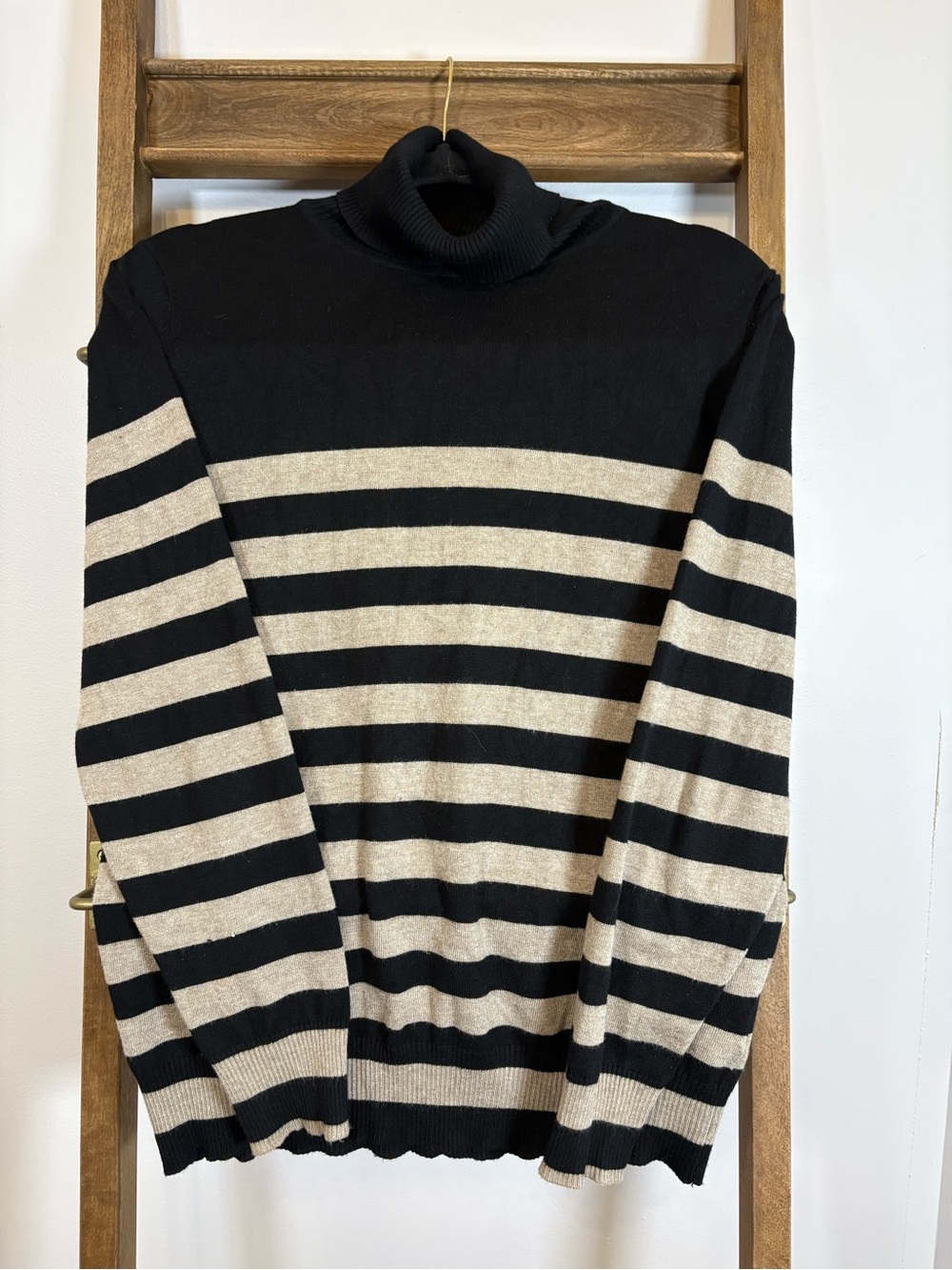 Joseph Black and Cream Striped Turtleneck Sweater